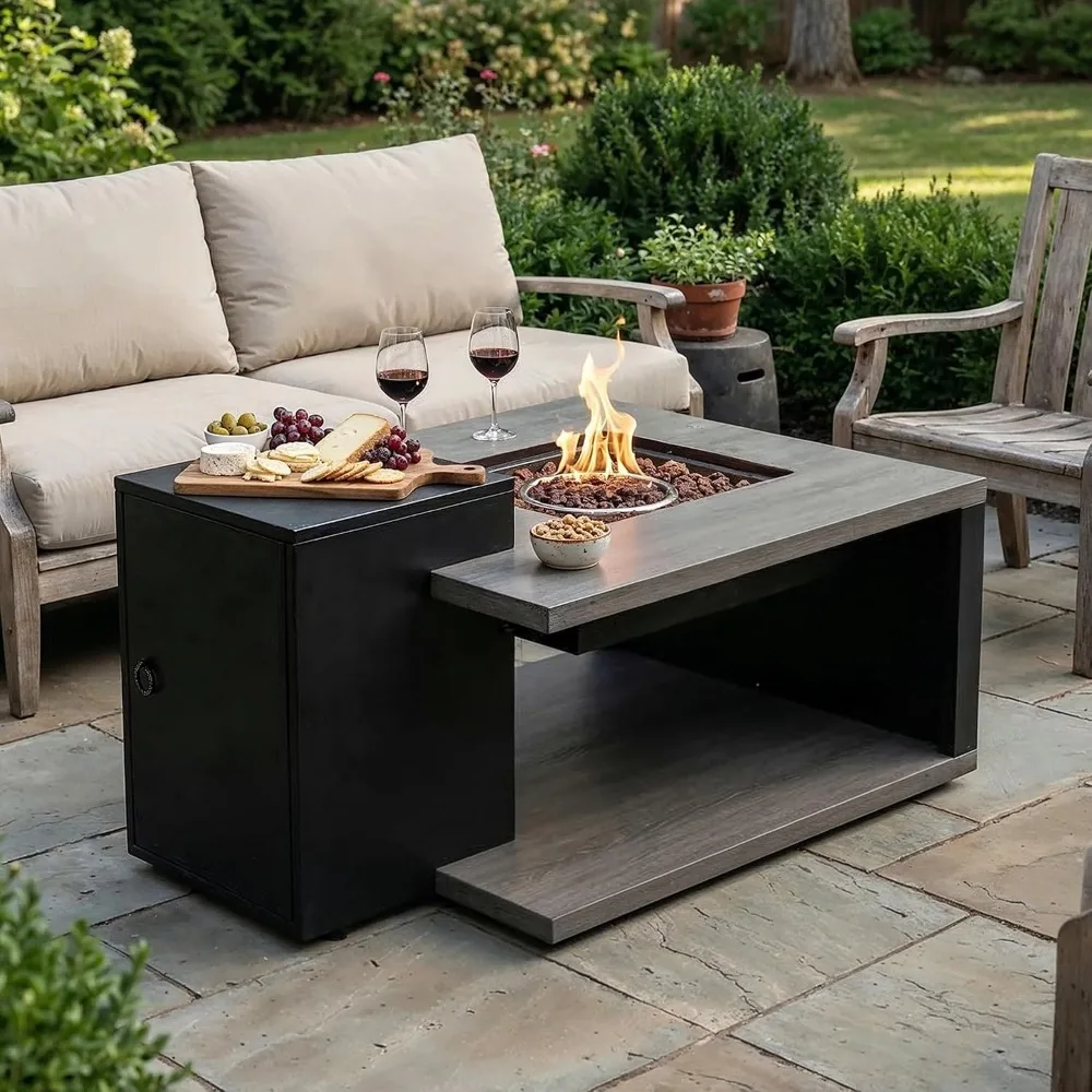 40in Rectangular Propane Fire Pit Table Tank Cabinet Lid Rock Rain Cover 50000 BTU Aluminum Tabletop Patio Backyard Black Grain