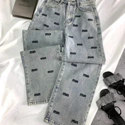 Y2K Narrow letter hot diamond high waisted denim straight leg pants for women's winter new fashionable slim wide leg pants