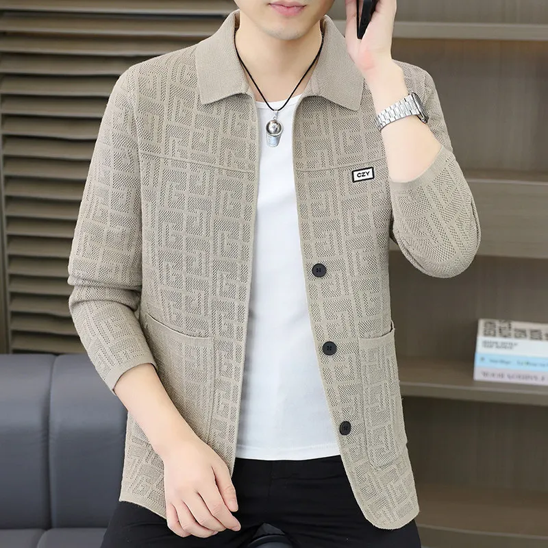 

Новый осенний мужской вязаный кардиган с отложным воротником, повседневный, высококачественный, модный, универсальный, с длинными рукавами
