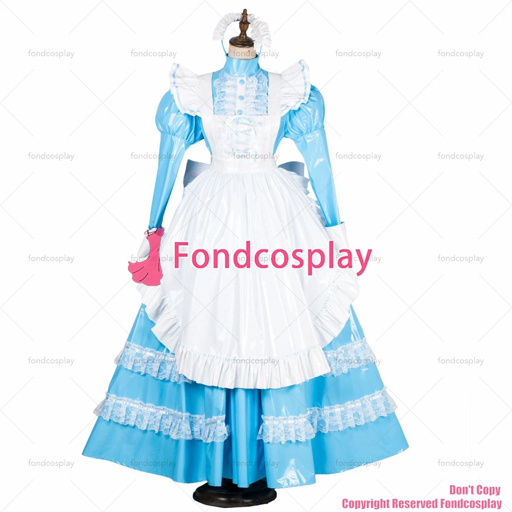 fondcosplay sexy cross dressing sissy maid long lockable baby blue thin PVC vinyl dress Uniform white apron CD/TV[G1805]