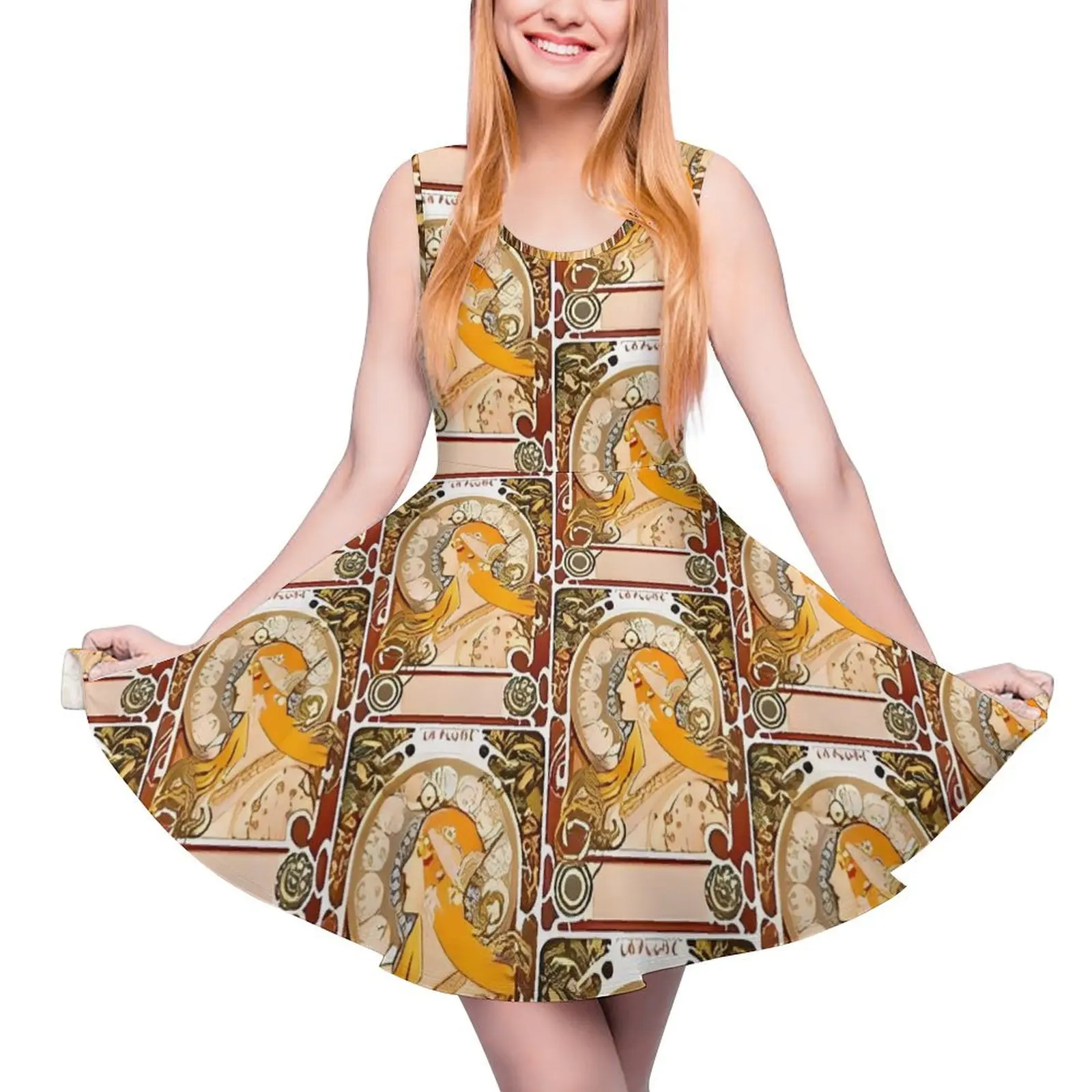 Art Nouveau Alphonse Dress High Waist Maria Mucha Zodiaque Street Fashion Dresses Summer Female Oversized Trendy Skate Dress