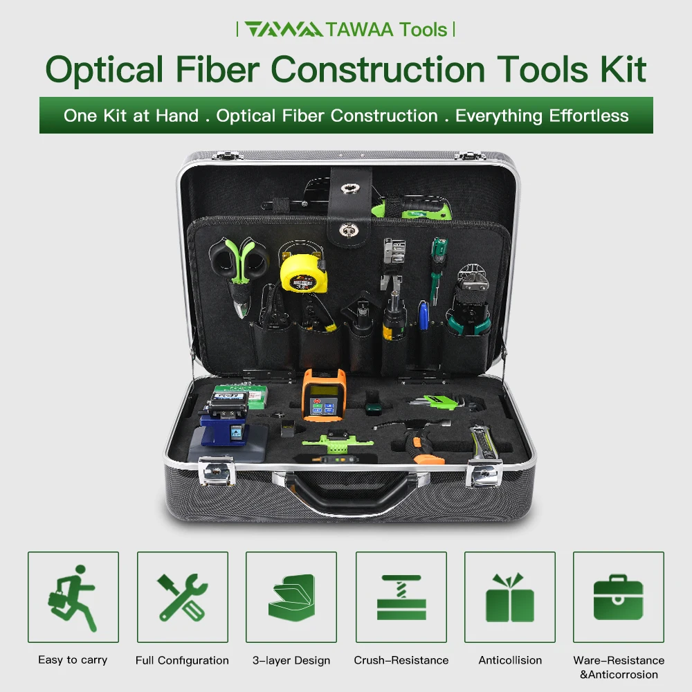 

Optical Fiber Construction Tools Kit TAWAA TFS-40D Optic Power Meter Fiber Cleaver FC-6S Cable Strippers Durable High-grade ABS