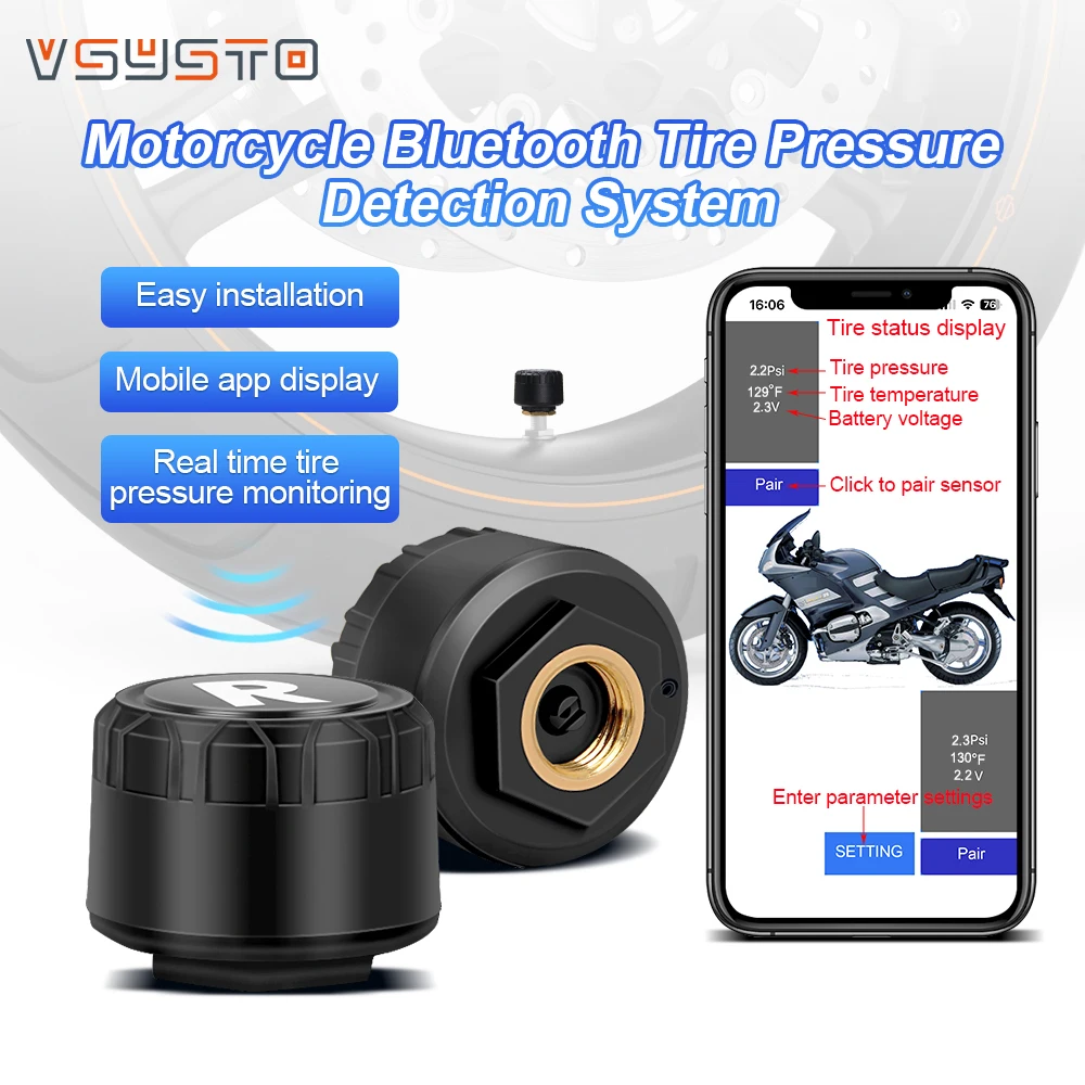 

VSYSTO Bluetooth motorcycle tire pressure monitoring system, APP real-time monitoring, abnormal tire pressure alarm