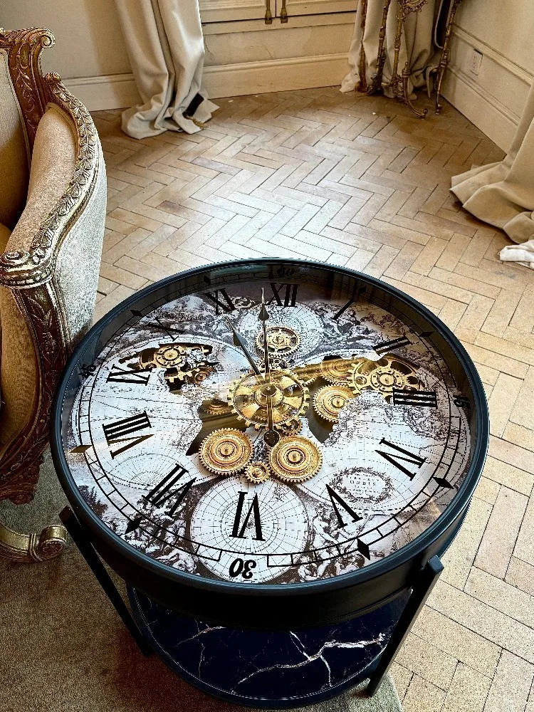 Luxury Design Theme Map Pattern Art Clock Coffee Table Metal Living Room Sofa Side Double Layered Storage Tea Tables Furniture