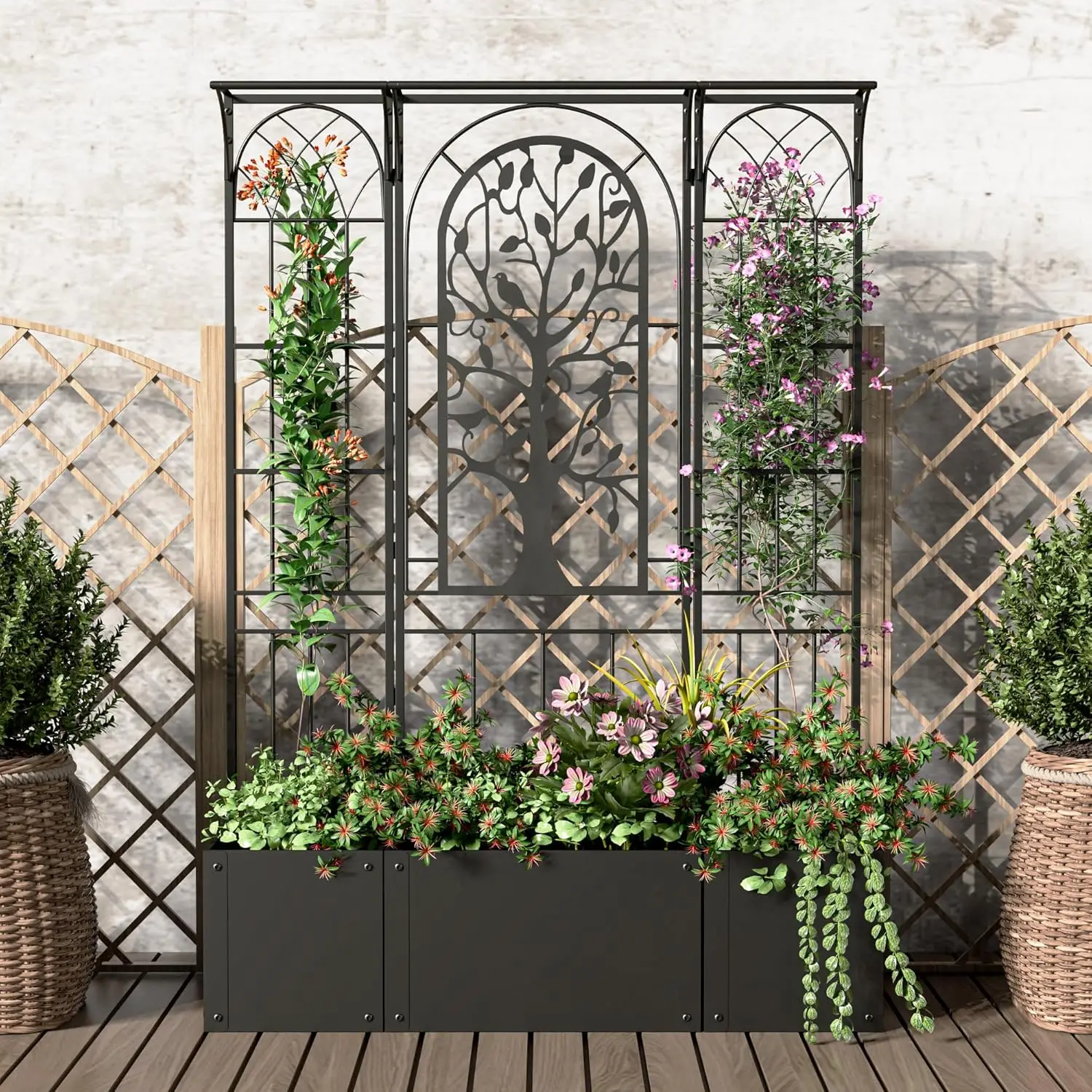 Balcony and Patio Decor - Black Metal Planter Box with Trellis, Ideal for Climbing Plants, Flowers, Vegetables, and Fruits