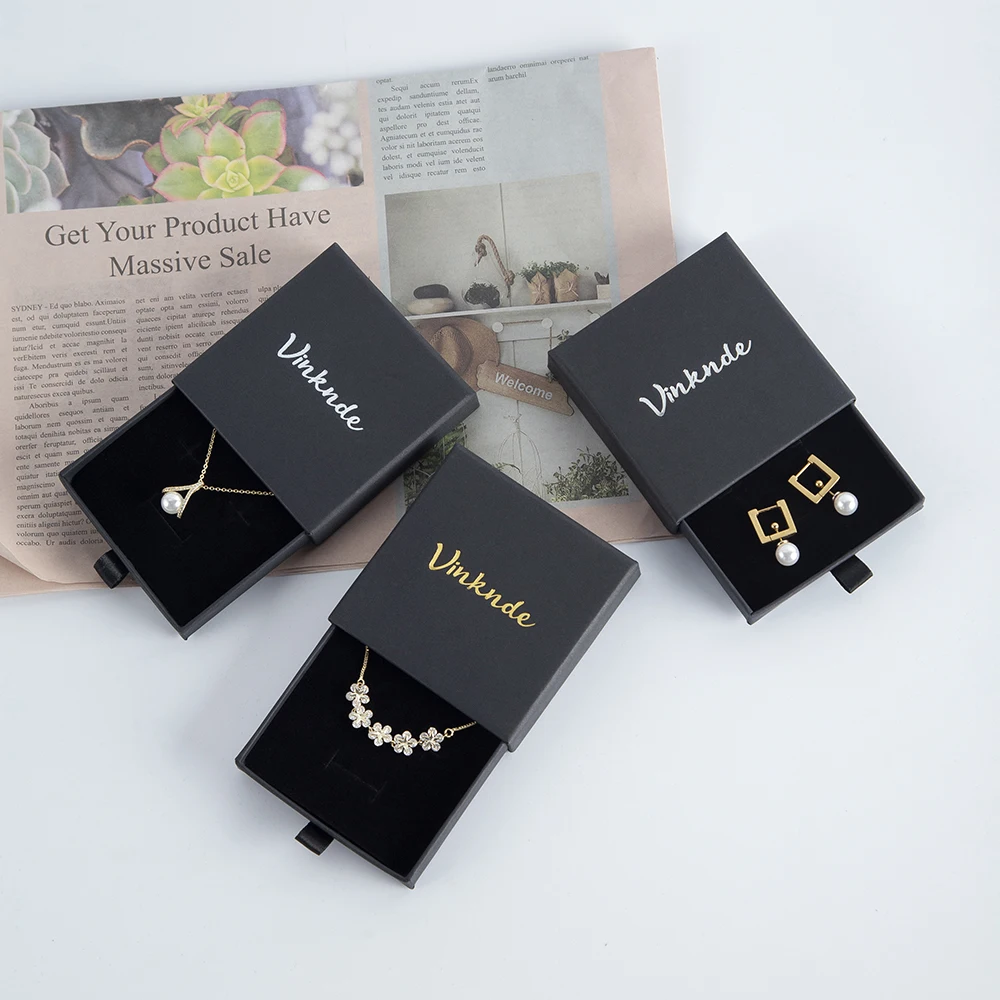 50 Custom Logo Cardboard Jewelry Necklace Drawing Gift Box Package Slide Drawer Paper Box with Black Foam for Jewelry Packaging