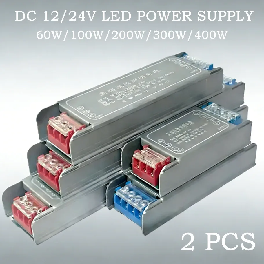 2Pcs DC 12V 24V LED Power Supply Adapter, AC 176-264V to DC Silent Transformer for LED Lights, 60W/100W/200W/300W/400 Available