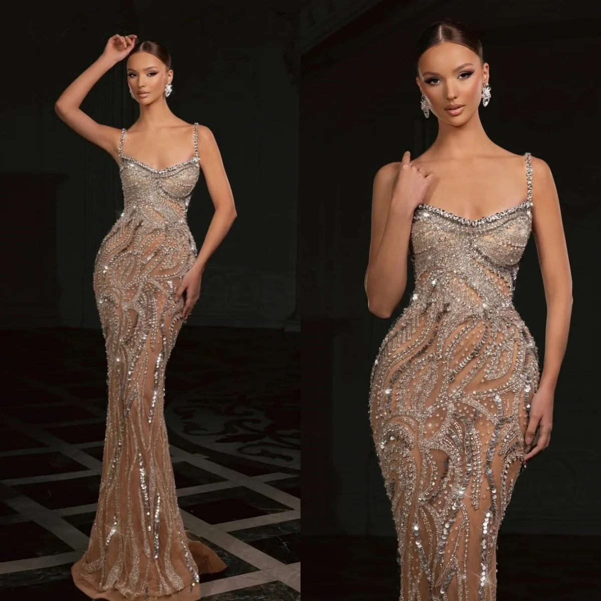 

Gorgeous Evening Dresses Sequined Floor-Length Prom Dress Appliques Spaghetti Strap Formal Occasion Vestido De Noite Customized