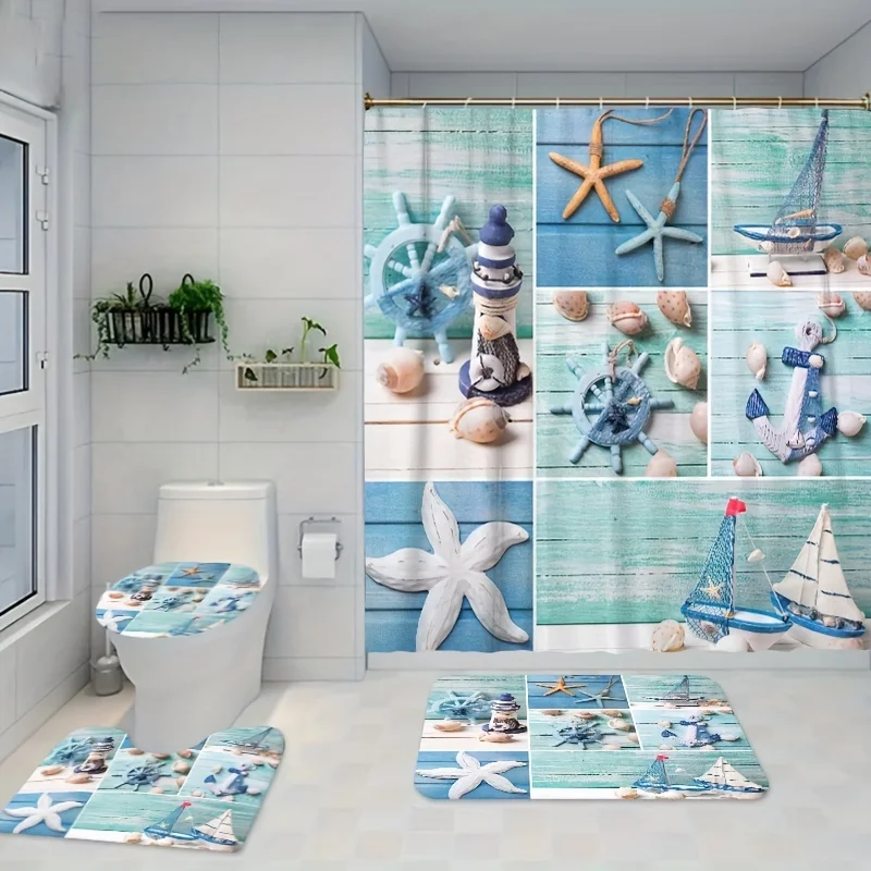 1/3/4pcs Ocean Grid Printed , Decorative Bathroom Set Including Waterproof Shower Curtain With Hooks, Non-slip