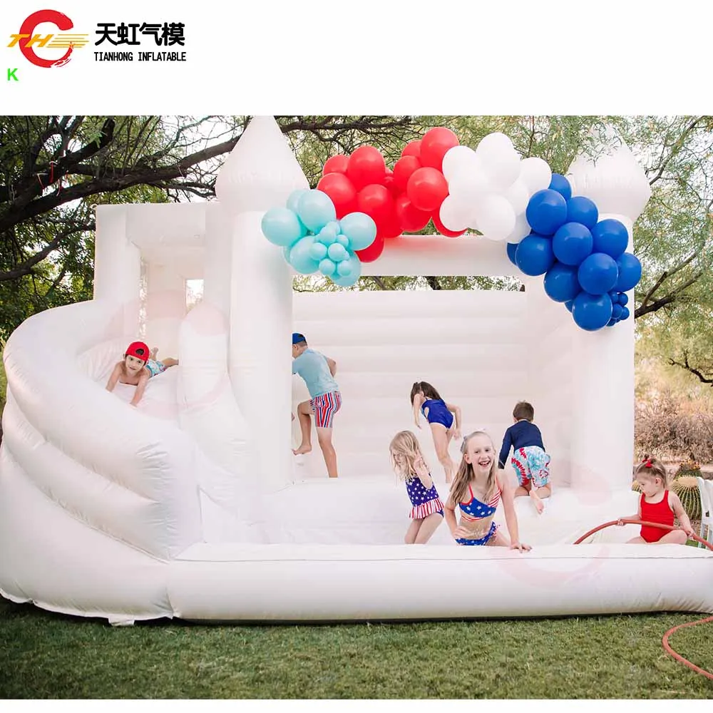 Château gonflable de saut de 4x4m, maison de rebond avec fosse à balles, château gonflable blanc pour fête de mariage avec piscine coulissante