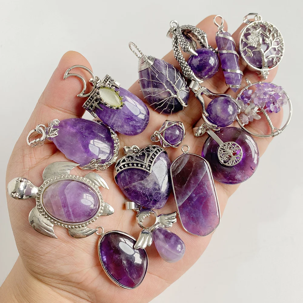 Natural Purple Amethyst Stone Pendant Owl Tree of Life Heart Shape Silver Color Charm For Fashion Jewelry Necklace Bracelet DIY