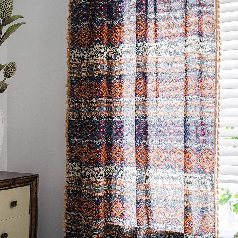 Bohemian Style Vintage Ethnic Geometric Tassel Window Curtain Boho Light Filtering Drape for Kitchen Bedroom Living Room Decor