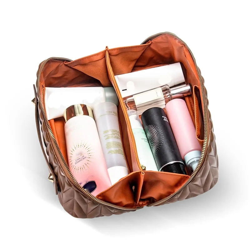 Leather Travel Makeup Bag Large Capacity Toiletry Bag Organizer For Women With Waterproof Interior Pocket, Easy To Use White-AT6