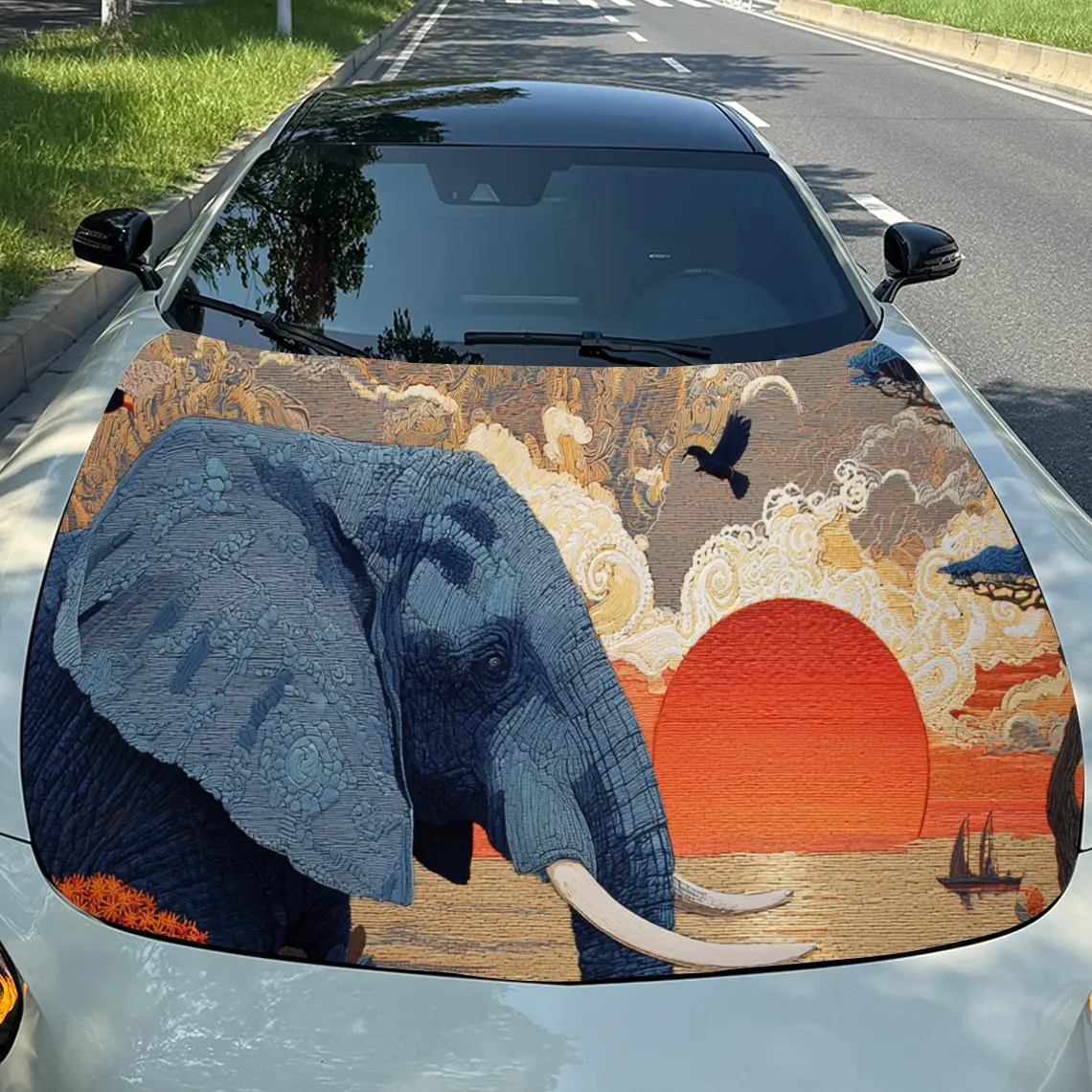 

Изящный слон в Sundown, светящиеся виниловые обертывания на капоте двигателя автомобиля из ПВХ, самоклеящаяся водонепроницаемая наклейка на капот автомобиля, украшения автомобиля