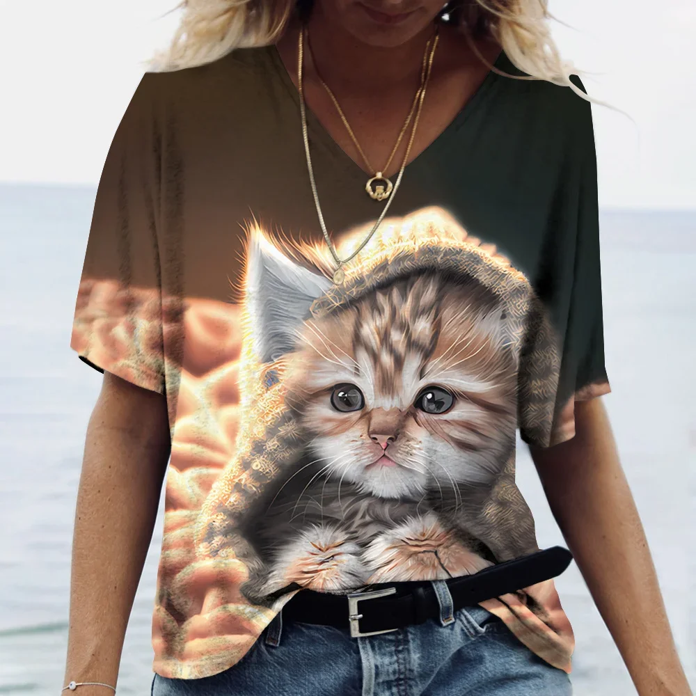 Cute Kitten 3D Print Fashionable Women's T-Shirts Girl Summer Harajuku Loose Casual Clothing Kawaii V-Neck Short Sleeve T-Shirts