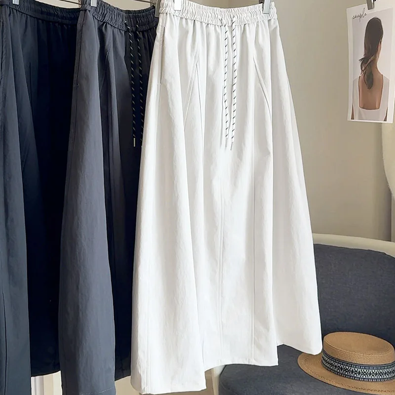 Women Skirts A-line High Waisted Contrast Color Drawstring Splicing Design Loose Solid Color Simple Daily Casual Versatile Skirt