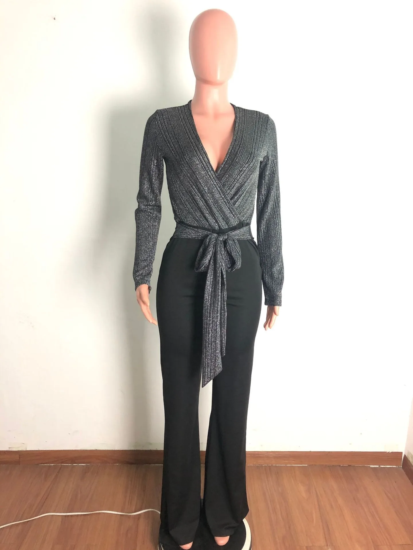 Deep V Sexy Spliced Wide Leg Jumpsuit