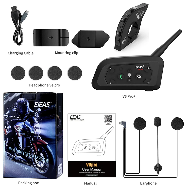 EJEAS 1Pc Type C V6 Pro+ Motorcycle Helmet Bluetooth Intercom Motorcycle Headset Moto Walkie Talkie with EUC Remote Control