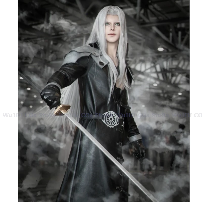 FF7 Sephiroth Cosplay Costume Black Fantasy Leather Coat Long Grey Wig Cosplay Uniform Suit Full Set Roleplay Men Halloween Suit