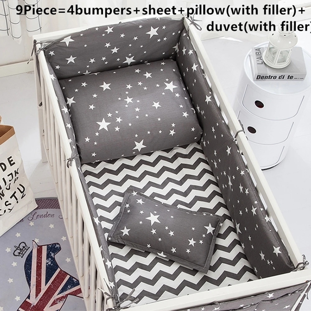 

6/9PCS Crib Bedding Set for Boy Baby Nursery Cot Bedding Set Standard Size Crib Set Black 4Bumper Duvet Sheet Pillow