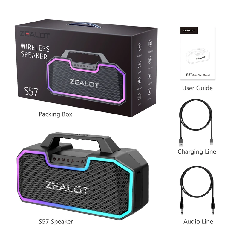 ZEALOT-S57 Портативный Bluetooth-динамик Громкий Bluetooth-динамик мощностью 60 Вт со стереозвуком, звуковая коробка высокой мощности, для вечеринки, на открытом воздухе