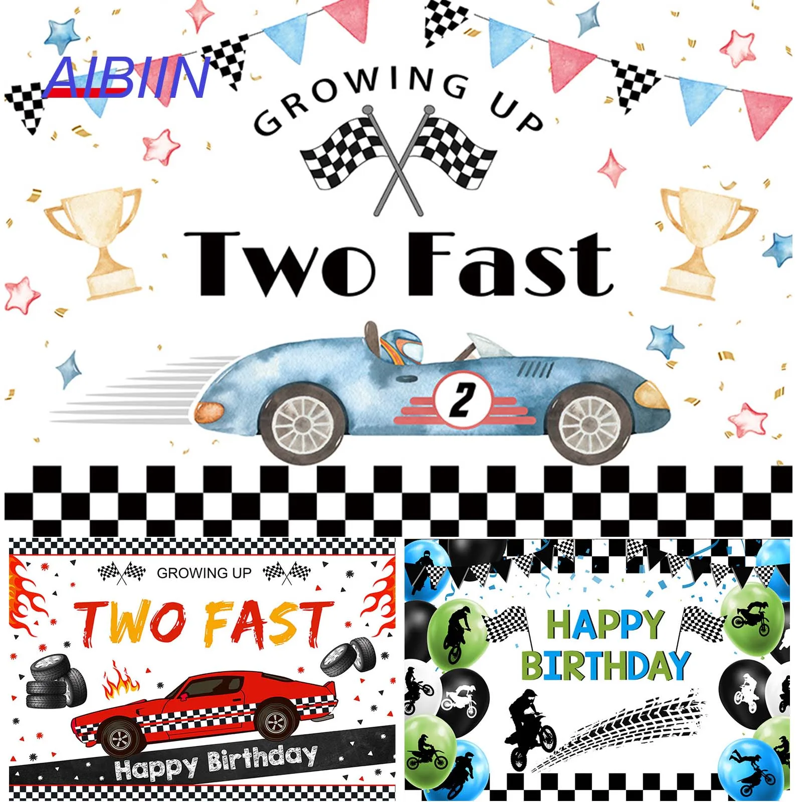 AIBIIN Racing Birthday Party Backdrop 2 Fast Red Blue Car Competitions Black White Checker Party Decor Photography Background