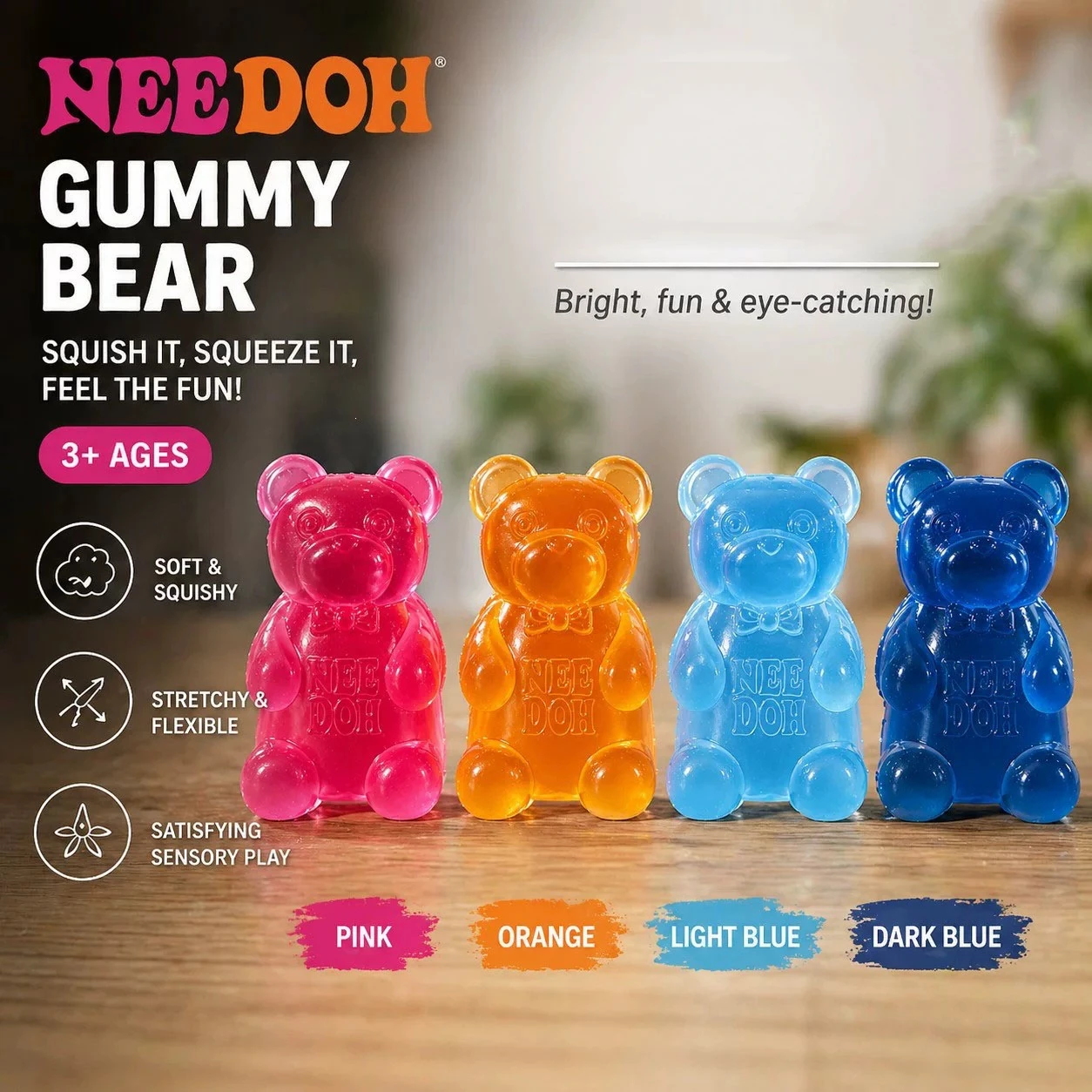 Genuine Schylling Needoh Gummy Bear Squeeze Toy Tpr Jelly-Like Filling Slow Rebound Stress Relief Fidget Toy Anxiety Relief