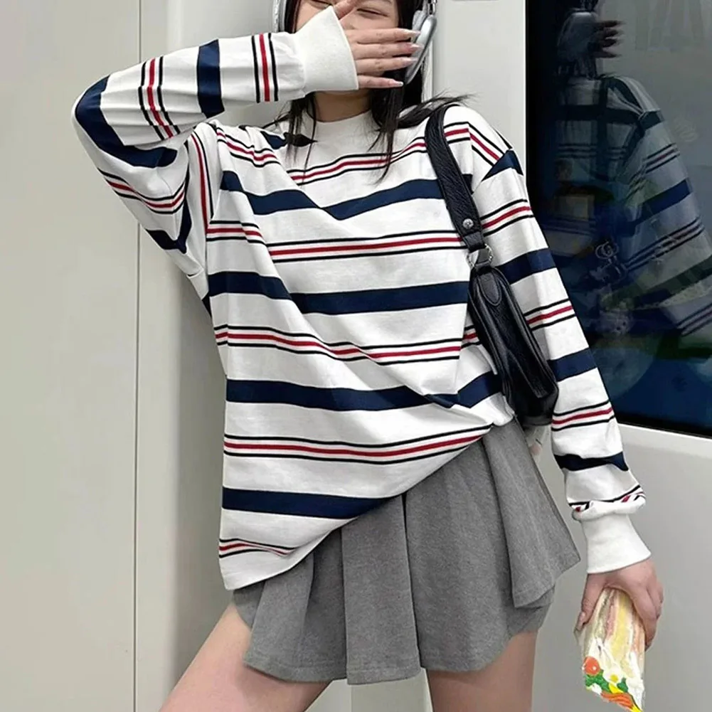 

Casual Wear For Autumn Casual Retro Shirt Women Striped T-shirts Daily Use Casual Color Patchwork Top Long Sleeve Shirts