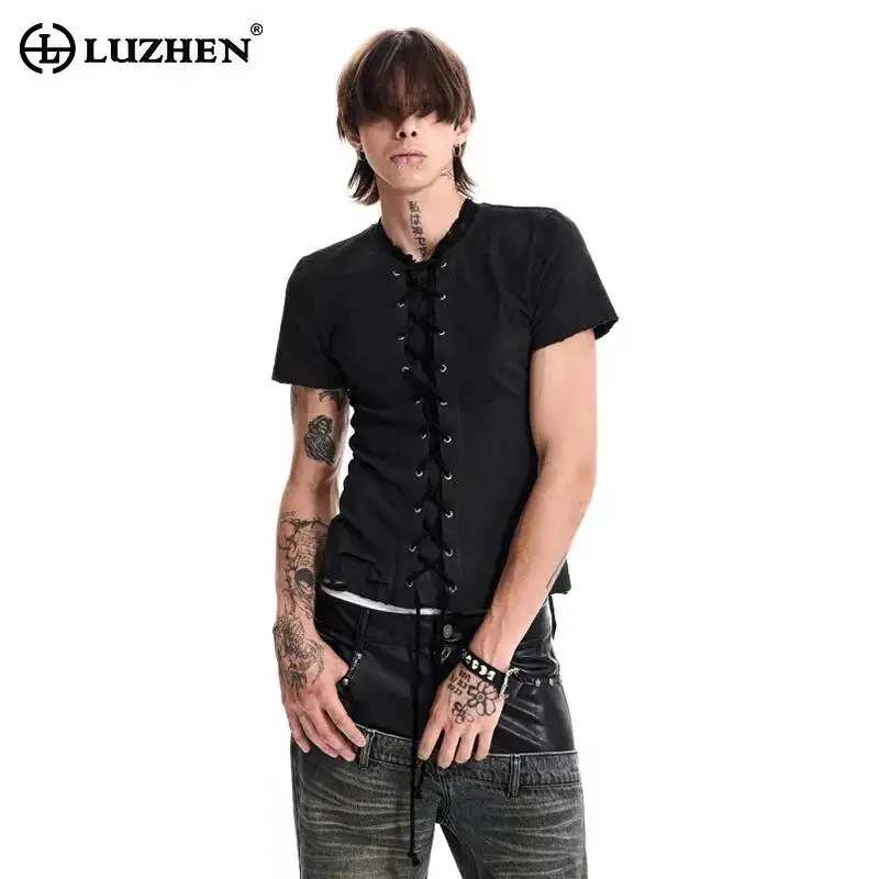 LUZHEN 2026 Summer Cross Weave Placket Solid Color Short Sleeve T-shirts Men's Handsome Original High Quality Casual Tops JY7945