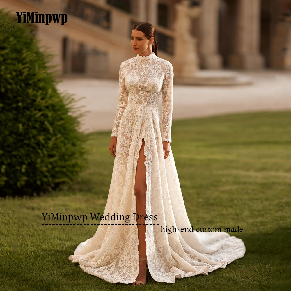 레이스 우아한 웨딩 드레스 2025 신부 긴 소매 아플리케 높은 목 라인 신부 가운 사이드 분할 vestidos de novia 사용자 정의레이스 우아한 결혼식 드레스 2025 신부 긴 소매 애플리케이션 높은 목 라인 신부 드레스 사이드 스플리트 vestidos de novia 주문을 받아서 만들어진