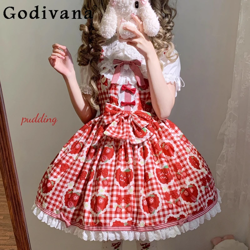 

Sweet Strawberry Print Red Plaid Lolita Birthday Dress JSK Japanese Soft Girls Kawaii Sleeveless Mini Dress Loli Daily Y2k Dress