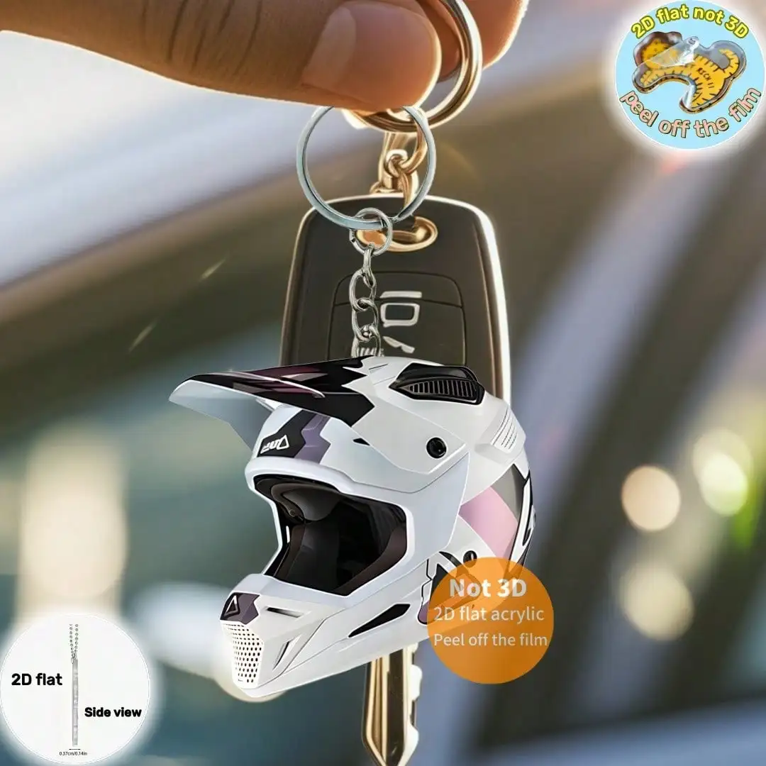 White Motorcycle Helmet Pendant Keychain 2D Flat Acrylic Ornament Charms Hanging Decoration for Car Bags Festive Home Party Gift