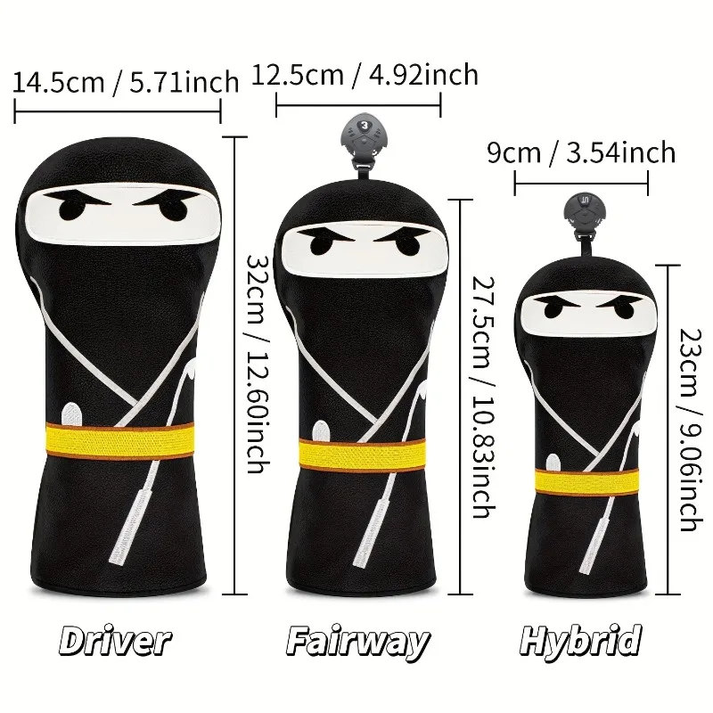 ปลอกหุ้มหัวไม้กอล์ฟลายซามูไรสีดำ - ปลอกหุ้มป้องกันที่ทนทาน สำหรับไม้กอล์ฟเบอร์ 1/3/5