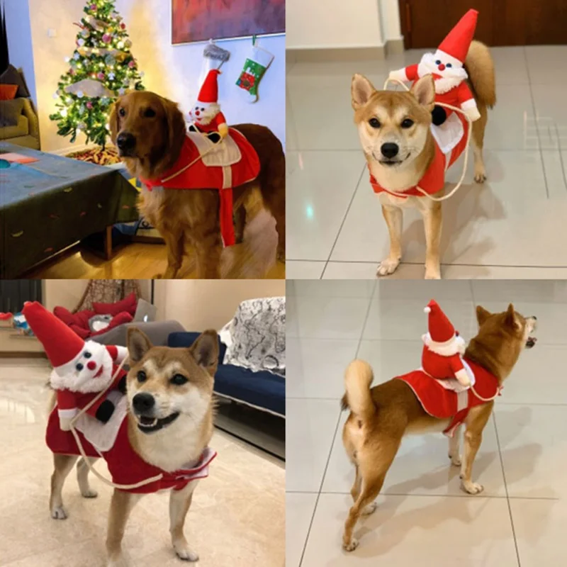 Funny Christmas Pet Costume Riding Horse Santa Dogs Vest Coat Clothes for Christmas Halloween Party Dressing up Dogs Cats Outfit