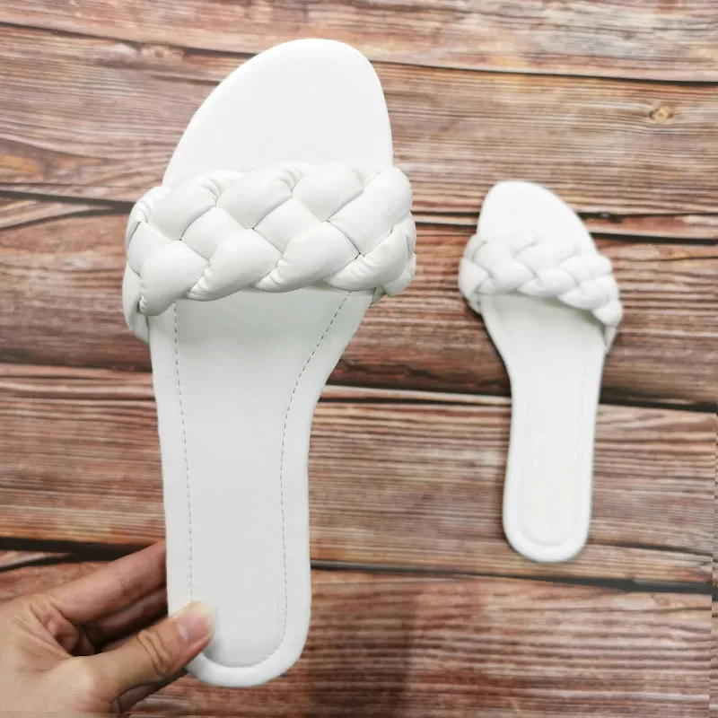 Fashion Open Toe Women Sandals Casual Summer Leather Shoes Woman Slip-on Ladies Slides Beach Solid Weave Modern Flat Sandal
