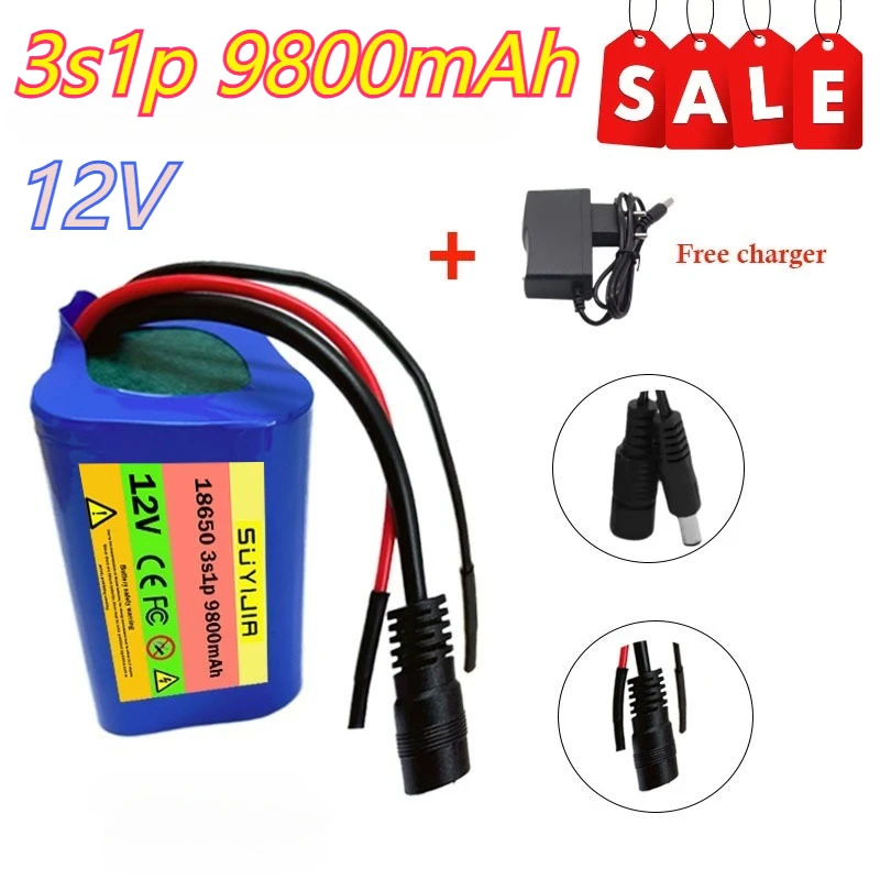 

New 12V 18650 Battery Pack 9800mAh 3S1P Li-ion Rechargeable Batteries with BMS Lithium Cells Protection Board +12.6V 1A Charger