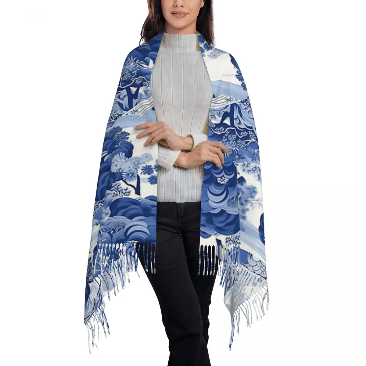 Chinoiserie Pattern Scarf Tassel Scarves for Women Soft Warm Shawls and Wraps Long Fall Winter Shawl Wrap