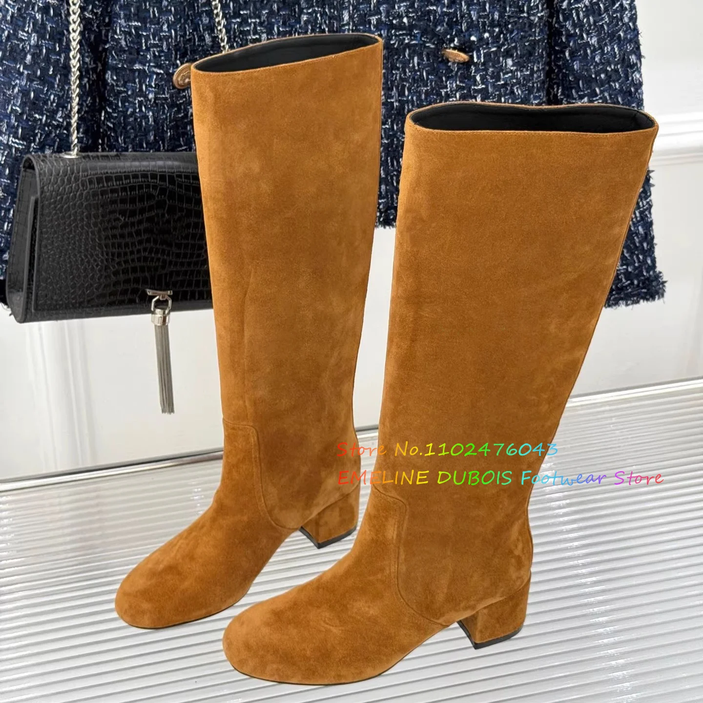 

Brown Frosted Leather Thick Heel Knee High Boots Women Round Toe Chunky Heel Slip On Solid Color Elegant Fashion Runway Boot