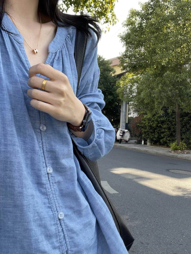 Loose Fit Long Sleeve Blue V-Neck Women's Shirt Casual Style Spring Autumn New Arrival Slimming Versatile Sun Protection Thin...