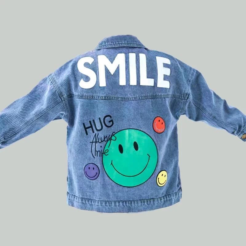 2022 Autumn Spring Fall Boys Casual Cartoon Denim Kids Jackets Turn-down Collar Long Sleeve Coat Girls Loose Tops for Teens