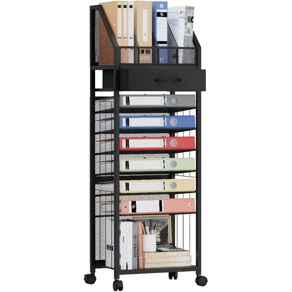 

9-Tier Rolling Cart - Paper Organizer with Drawers and Trays, Wooden Desk Office Organizer, Binder Storage for Workspace, Home,