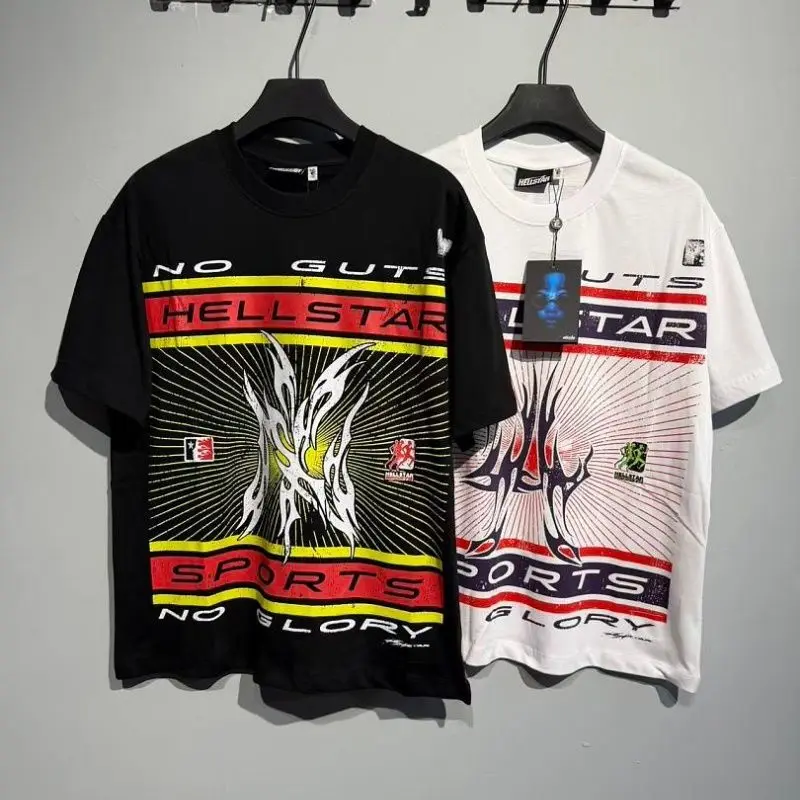 Hellstar INS American Retro Letter Logo Print Unisex Streetwear Summer Loose Crewneck Short Sleeve T-Shirt Niche
