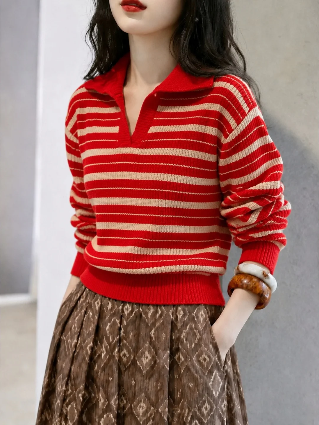 Korean Style Loose Long Sleeve Striped Knitwear Women's Casual Versatile Top Color Block Soft Comfortable Commute Fashion