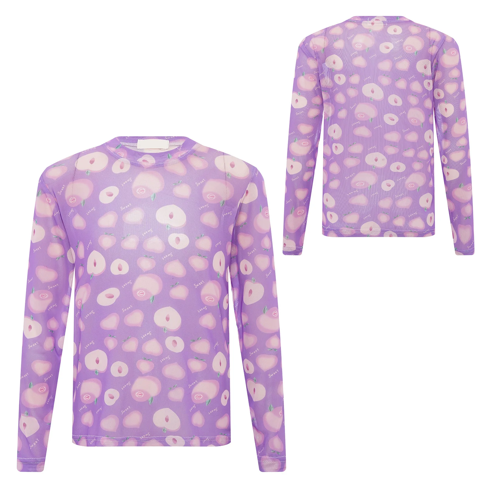 Girls See-Through Mesh T-shirt Long Sleeve Cute Printed Sheer Tops Casual Vacation Beach Picnic Weekend Fashion Costume Clothing