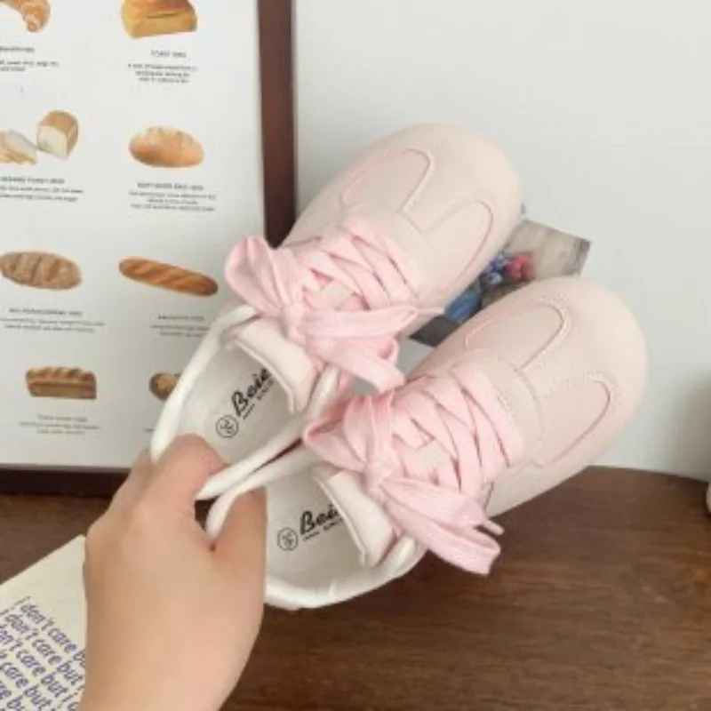 Damen Rosa Retro-Trainer-Schuhe, Süße Runde Zehenpartie, Schnürung, Lässige Sneakers, Weiche Sohle, Leichte Alltagsschuhe, Flache Schuhe – Detail 3