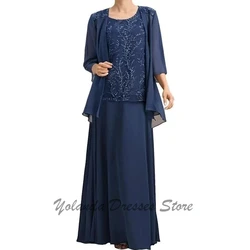 Modern 2 Pieces Mother of The Bride DressesApplique Lace Jacket Chiffon Formal Wedding Guest Dresses 3/4 Sleeve Evening Gowns