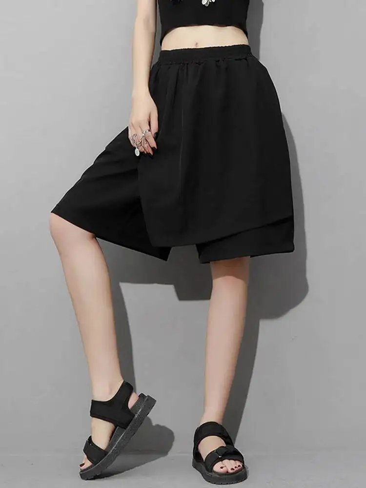 

High Quality Black High Elastic Waist Brief Spliced Knee Length Pants New Trousers Women Fashion Spring Summer 2026 LRG8