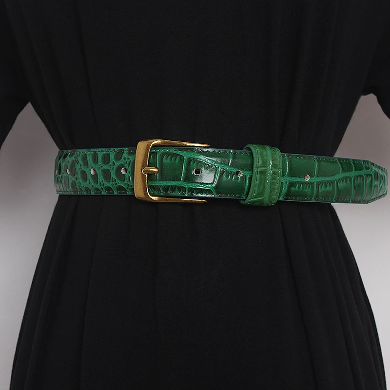 Women's Retro Simple Crocodile Pattern Leather Green Belts Female Belt Fashionable For Women Dress Decoration Waistband
