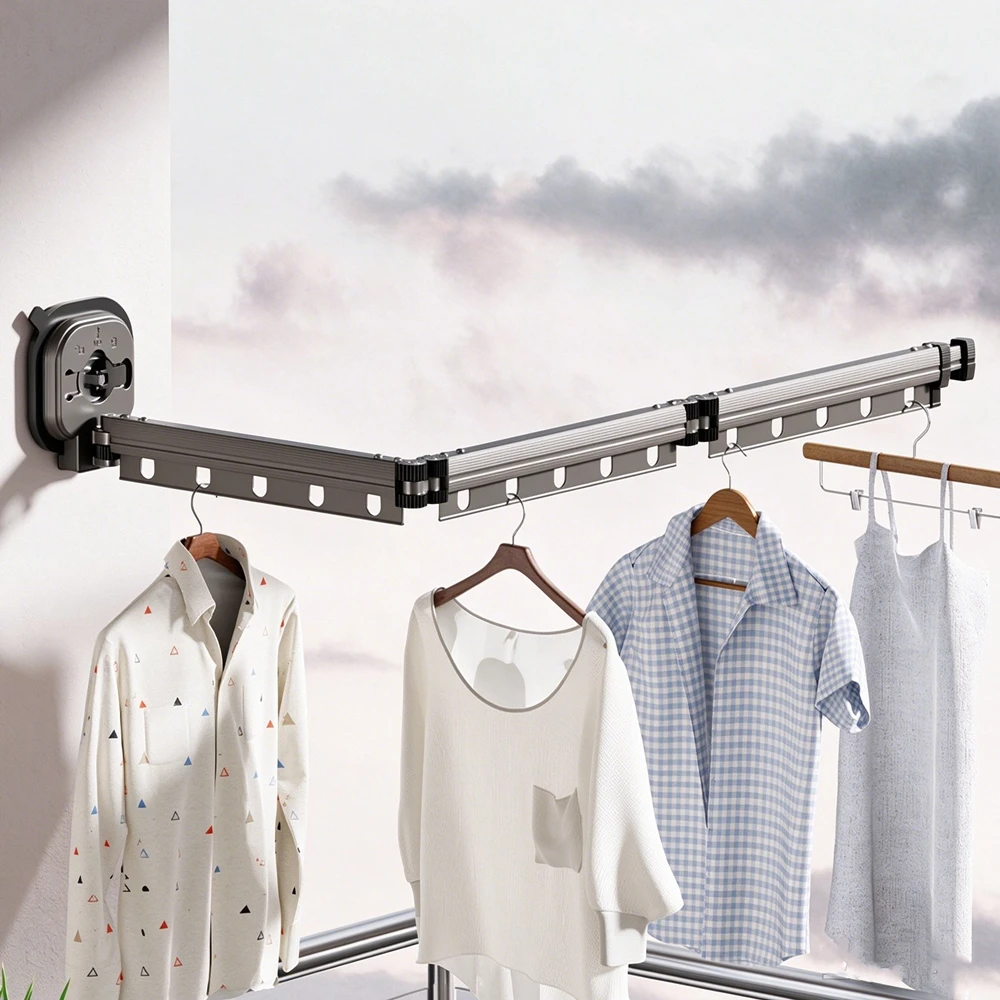Suction Cup Folding Clothes Drying Rack, Aluminum Alloy Punch-Free 360° Rotatable Windproof Laundry Hanger for Balcony Bathroom
