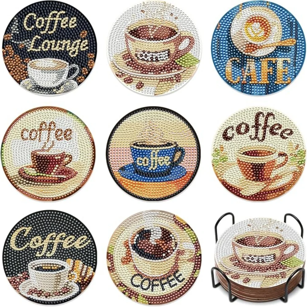 8-Piece Diamond Art Painting Cup Mat with Stand, DIY Coffee Pattern Diamond Art Cup Mat, Adult and Beginner-Friendly Diamond Pai